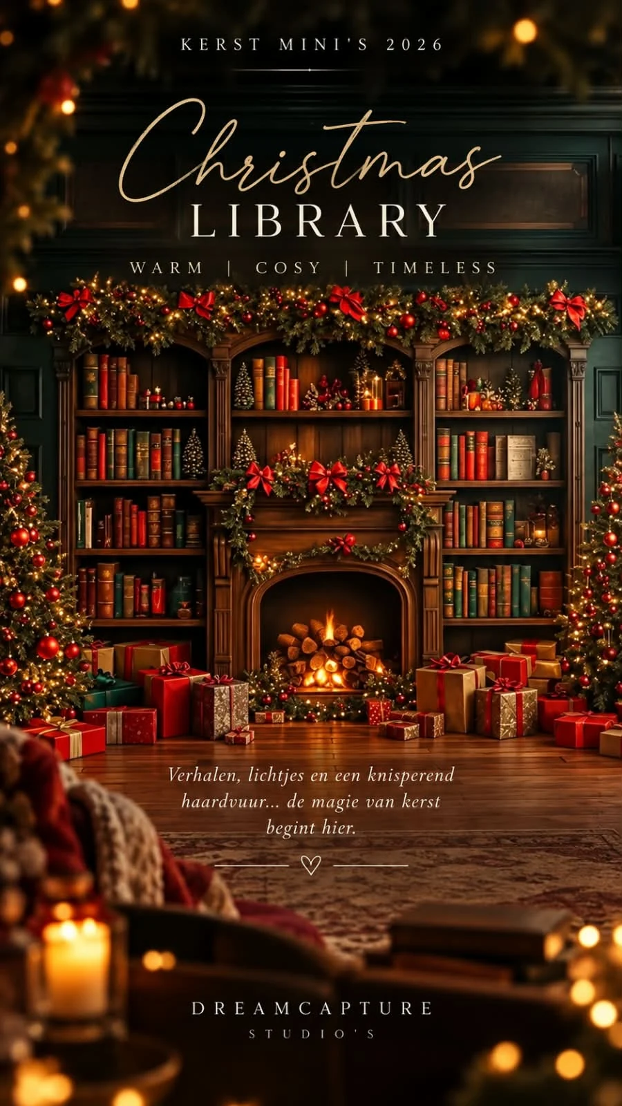 Christmas Library kerstdecor – warm en nostalgisch Christmas Library met houten boekenkasten, kerstbomen, cadeaus en haardvuur bij Dreamcapture