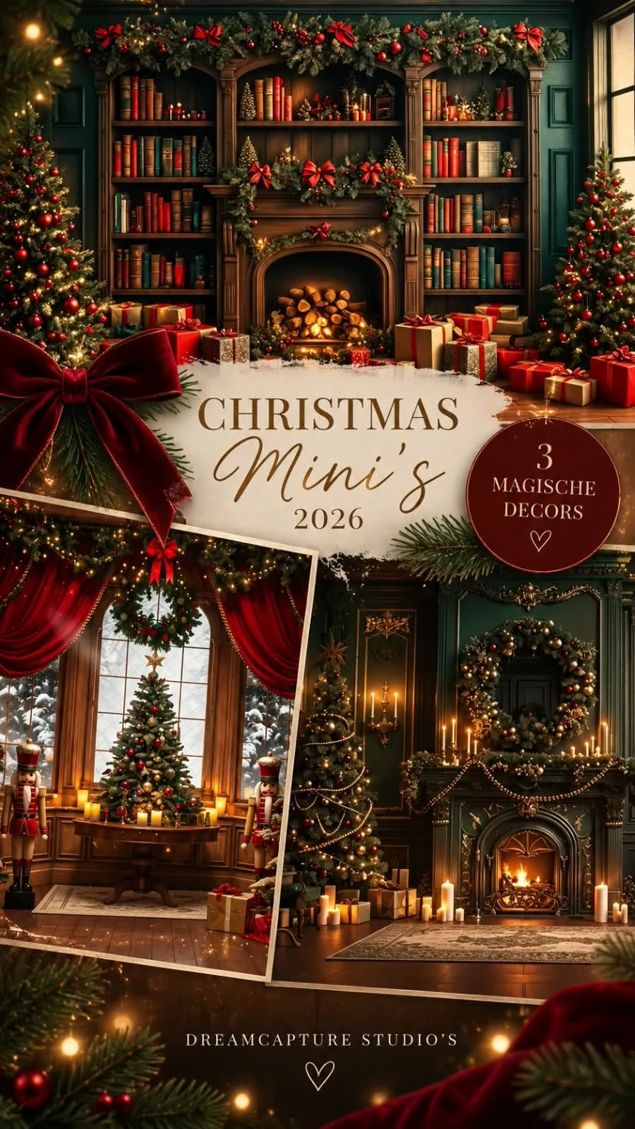 Kerst Fotoshoot Zoeterwoude 2026 – drie kerstdecors Impressie van drie Dreamcapture kerstdecors voor de Kerst Fotoshoot Zoeterwoude 2026
