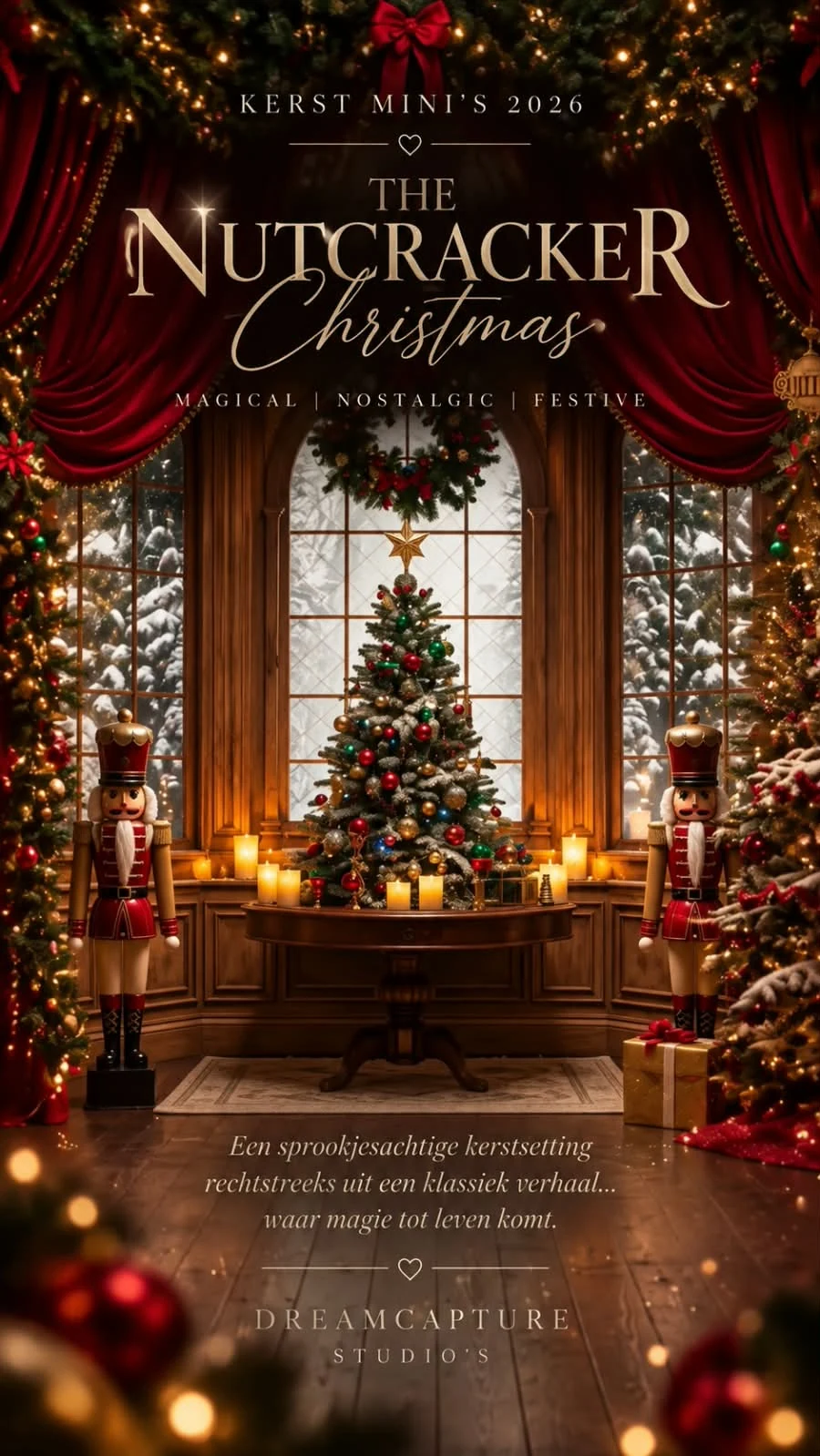 The Nutcracker Christmas kerstdecor – magisch en feestelijk The Nutcracker Christmas met rood fluweel, kerstboom en notenkrakers bij Dreamcapture
